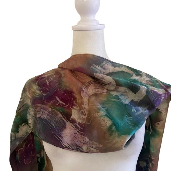 Abstract Watercolor Silk Scarf Vintage Sheer Jewel Tone Painterly Classic Artsy - Picture 5 of 8